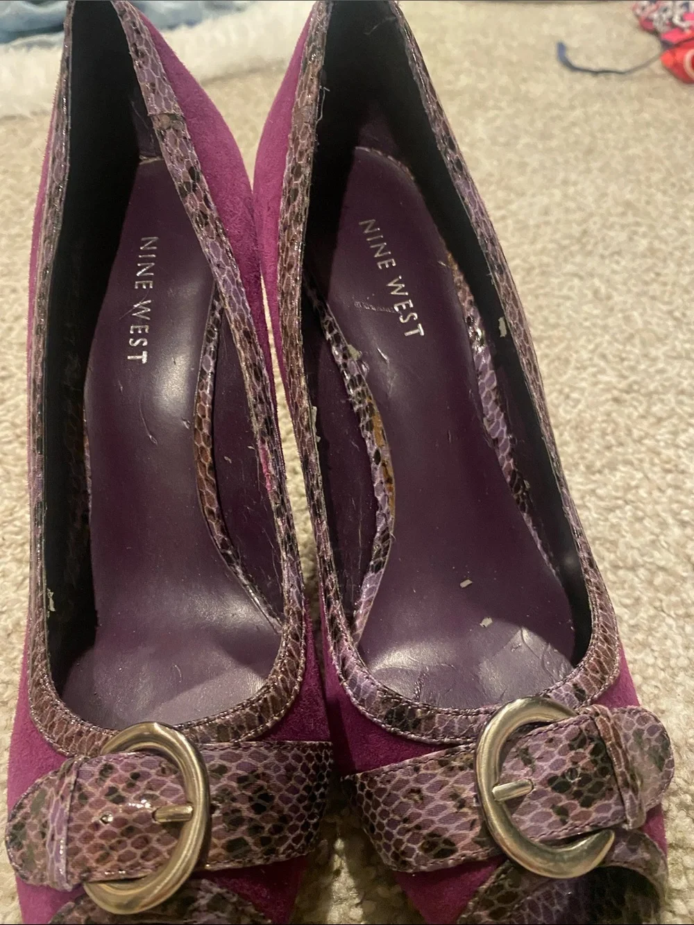 Nine West Purple Suede Peep-Toe Pumps with Snakeskin Accent and Gold Buckle